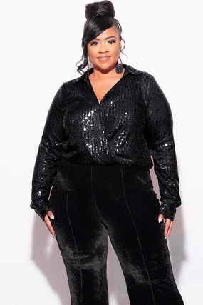 Comfy Wearable Final Sale Plus Size Long Sleeve Sequin Top Elastic At The Waist - Black