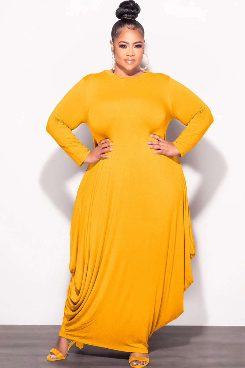 Plus-size option Performance Support Final Sale Plus Size Long Sleeve Casual Loose Pocket Dress in Mustard
