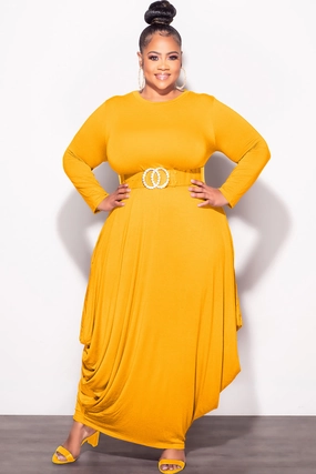 Final Sale Plus Size Long Sleeve Casual Loose Pocket Dress in Mustard All-Purpose Comfort