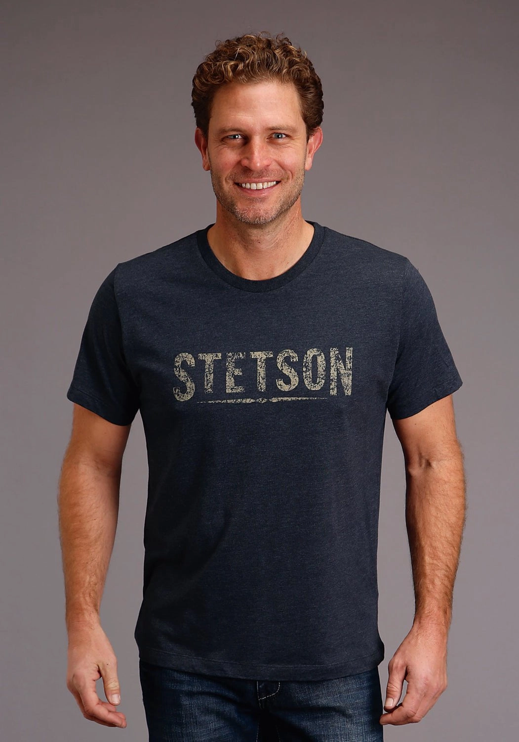 Perfect Layering Non Irritating Seams Stetson Mens Blue Cotton Blend Distressed Logo S/S T-Shirt