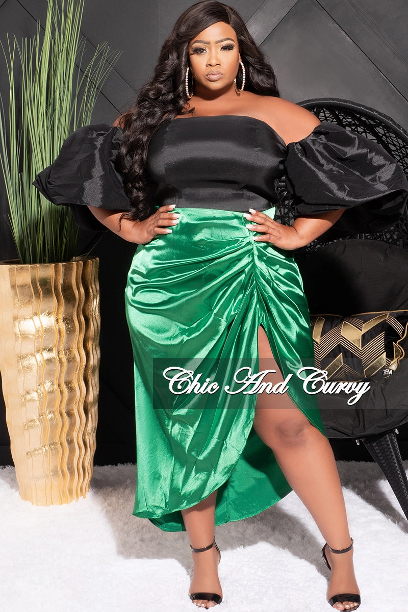 Final Sale Plus Size Satin Ruched Skirt in Green Side Pockets Active Utility