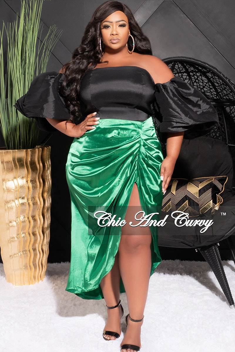 Final Sale Plus Size Satin Ruched Skirt in Green Reinforced Pockets Anti Friction Lining