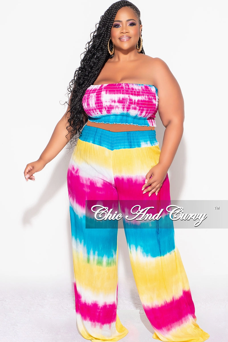 Breathable Style Final Sale Plus Size 2pc Strapless Frill Crop Top and Palazzo Pants Set Multi-Color Tie Dye Print