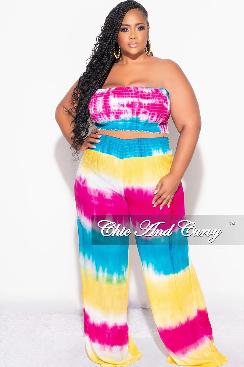 Final Sale Plus Size 2pc Strapless Frill Crop Top and Palazzo Pants Set Multi-Color Tie Dye Print Active Flex StainResistantFinish