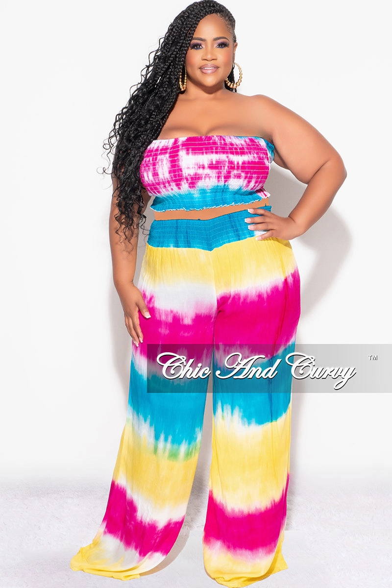 Breathable Wearable Final Sale Plus Size 2pc Strapless Frill Crop Top and Palazzo Pants Set Multi-Color Tie Dye Print