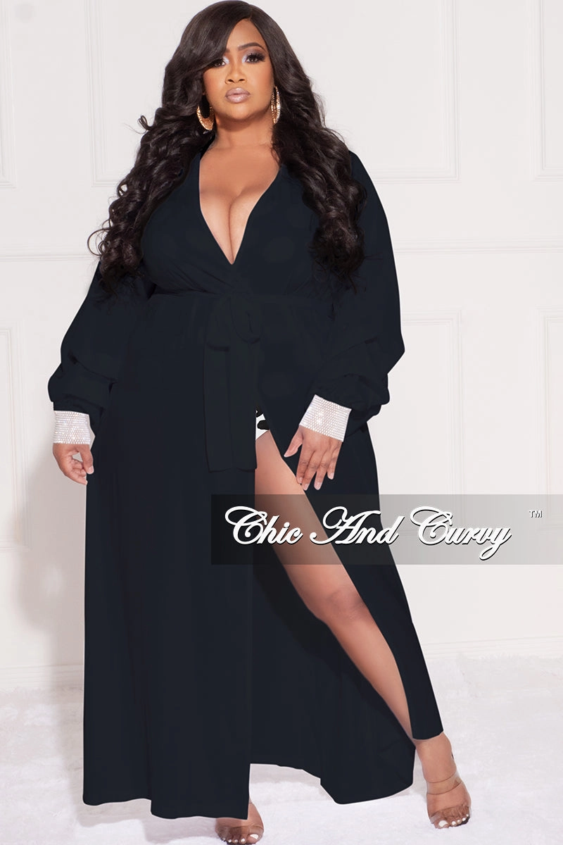 Final Sale Plus Size Sheer Chiffon Duster with Waist Tie and Rhinestone Cuff in Black Performance Ready DoubleLayeredKnees