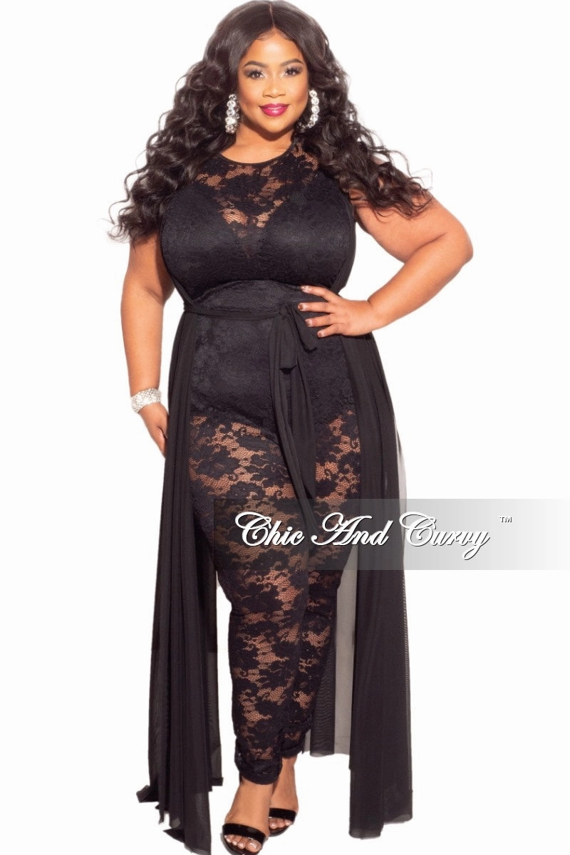 Slim wear Friction Resistant Fabric Final Sale Plus Size Mesh Train Lace Jumpsuit in Black