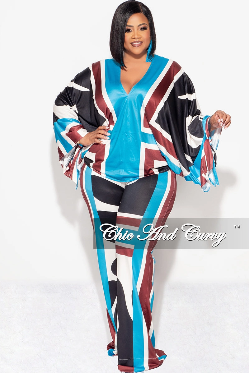 Final Sale Plus Size 2pc Satin Top and Palazzo Pants Set in Turquoise Design Trendy Cut