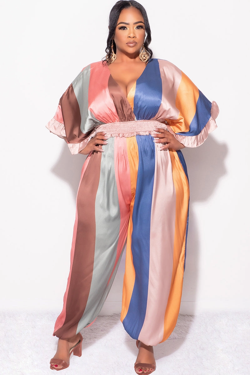 Final Sale Plus Size Satin Jumpsuit in Multi Color Stripe Print Flex Wear Fashionable Fit