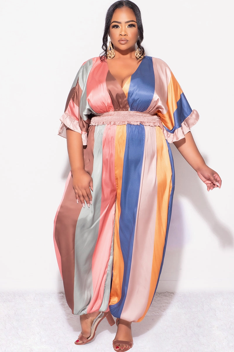 Final Sale Plus Size Satin Jumpsuit in Multi Color Stripe Print Agile Fit