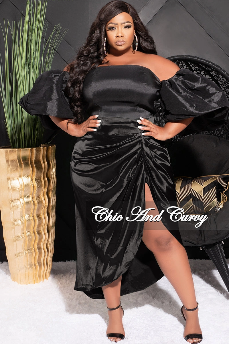 Final Sale Plus Size Satin Ruched Skirt in Black No Gap Waist Construction Breathable Base