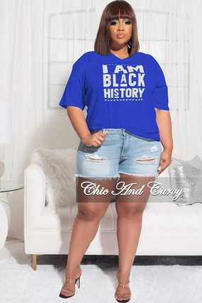 Final Sale Plus Size Short Sleeve V-Neck I Am Black History T-Shirt in Royal Blue Full Flex Adjustable loop