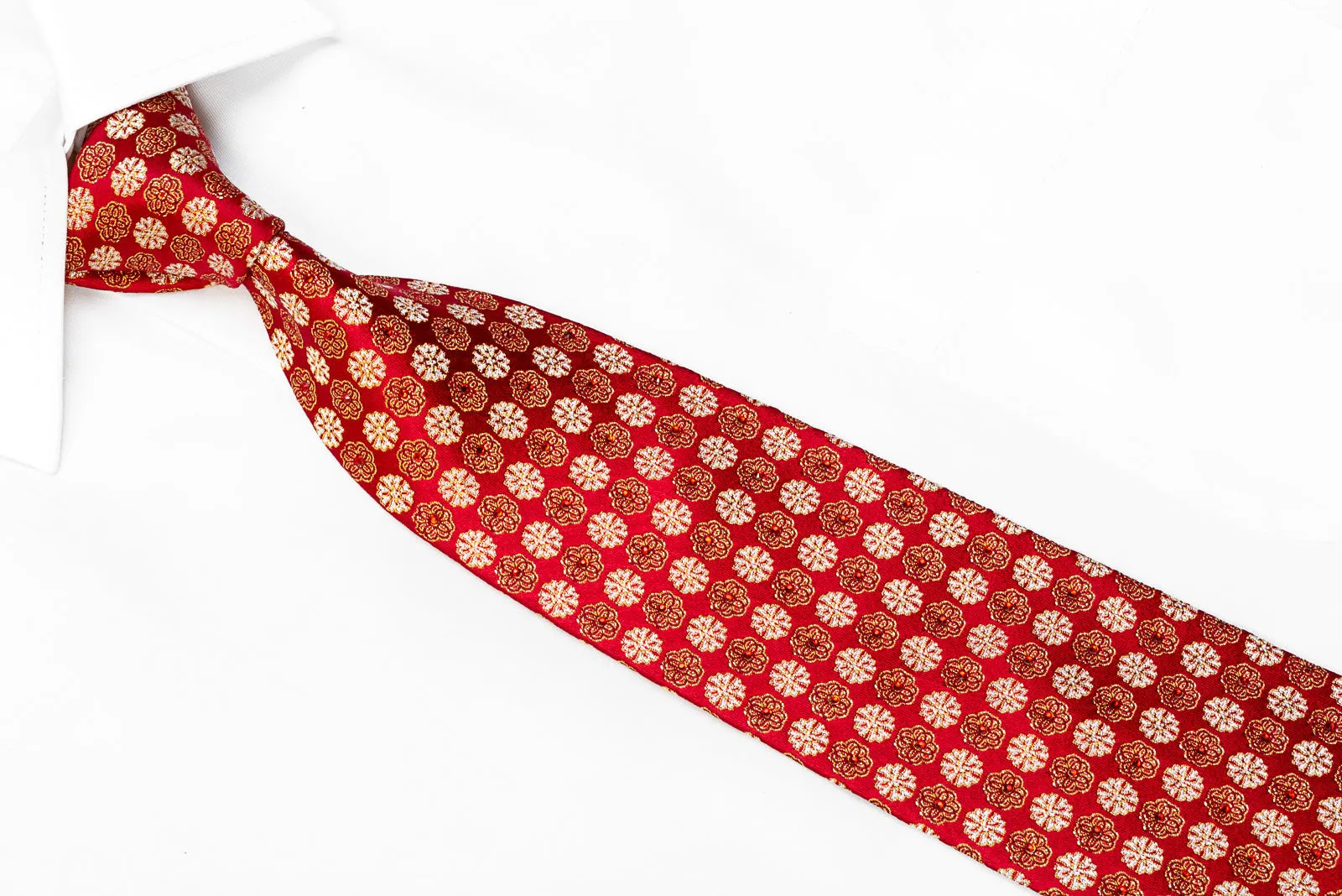 Perry Ellis Men's Crystal Rhinestone Necktie Gold Quatrefoil On Red With Sparkles