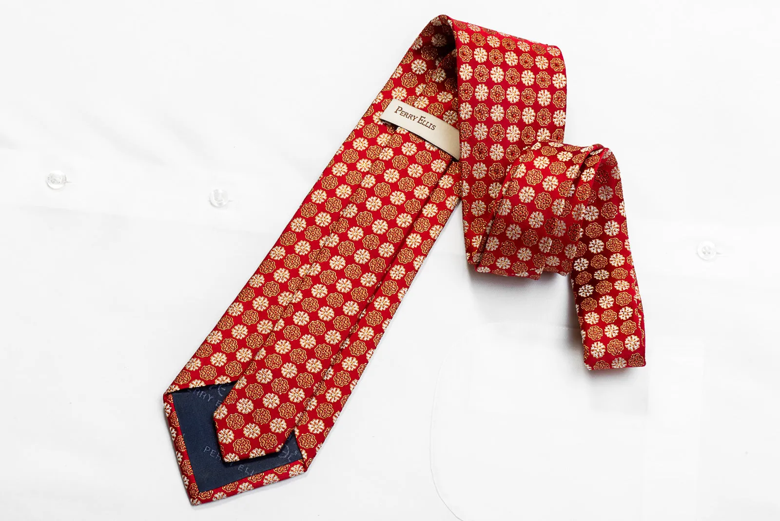 Perry Ellis Men's Crystal Rhinestone Necktie Gold Quatrefoil On Red With Sparkles