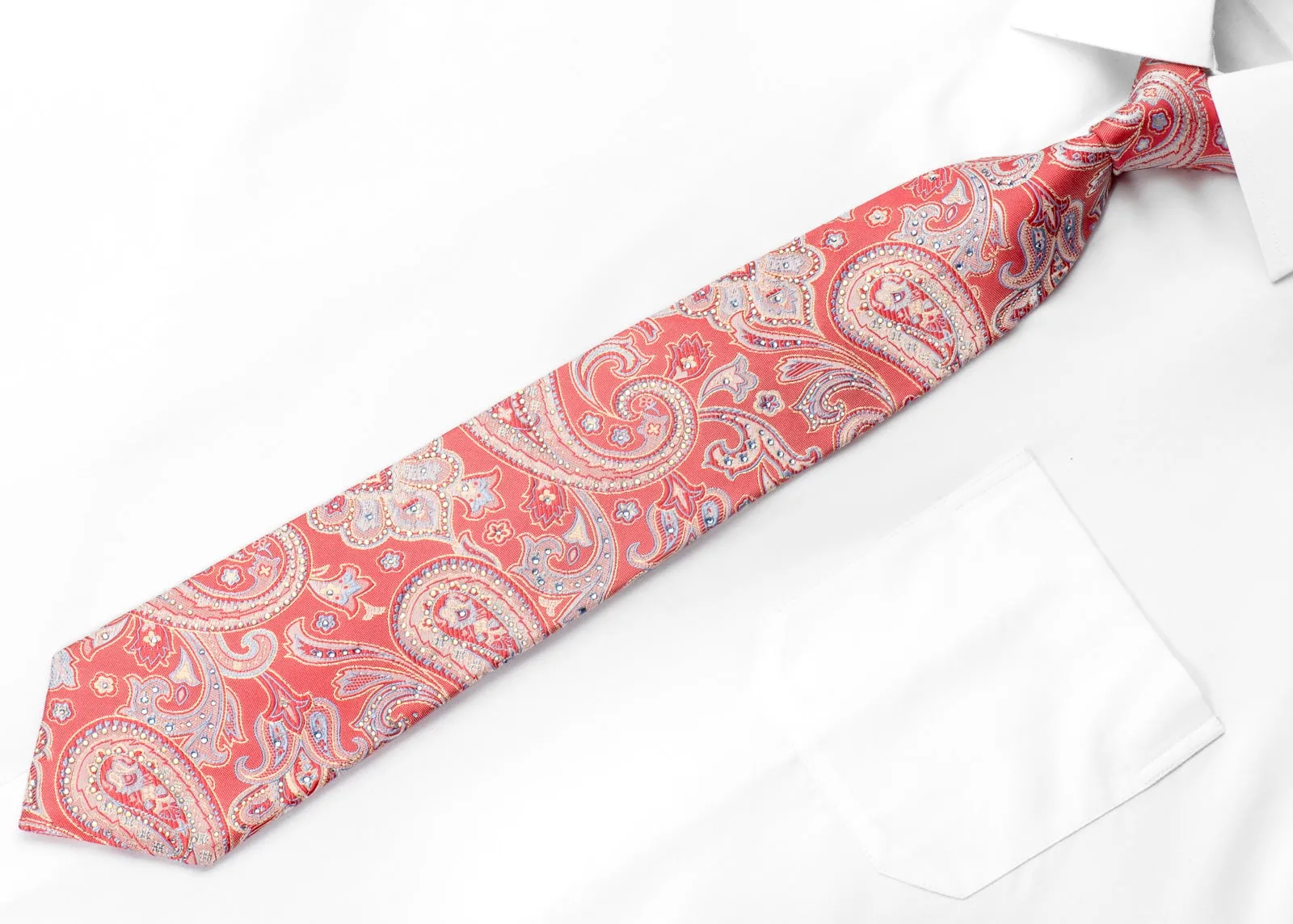 Perry Ellis Men's Silk Rhinestone Tie Paisley On Pink With Silver Sparkles