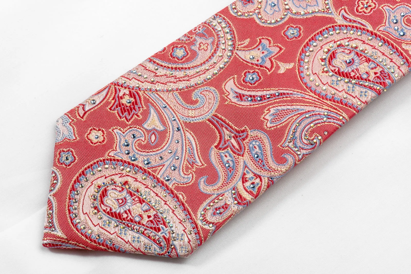 Perry Ellis Men's Silk Rhinestone Tie Paisley On Pink With Silver Sparkles