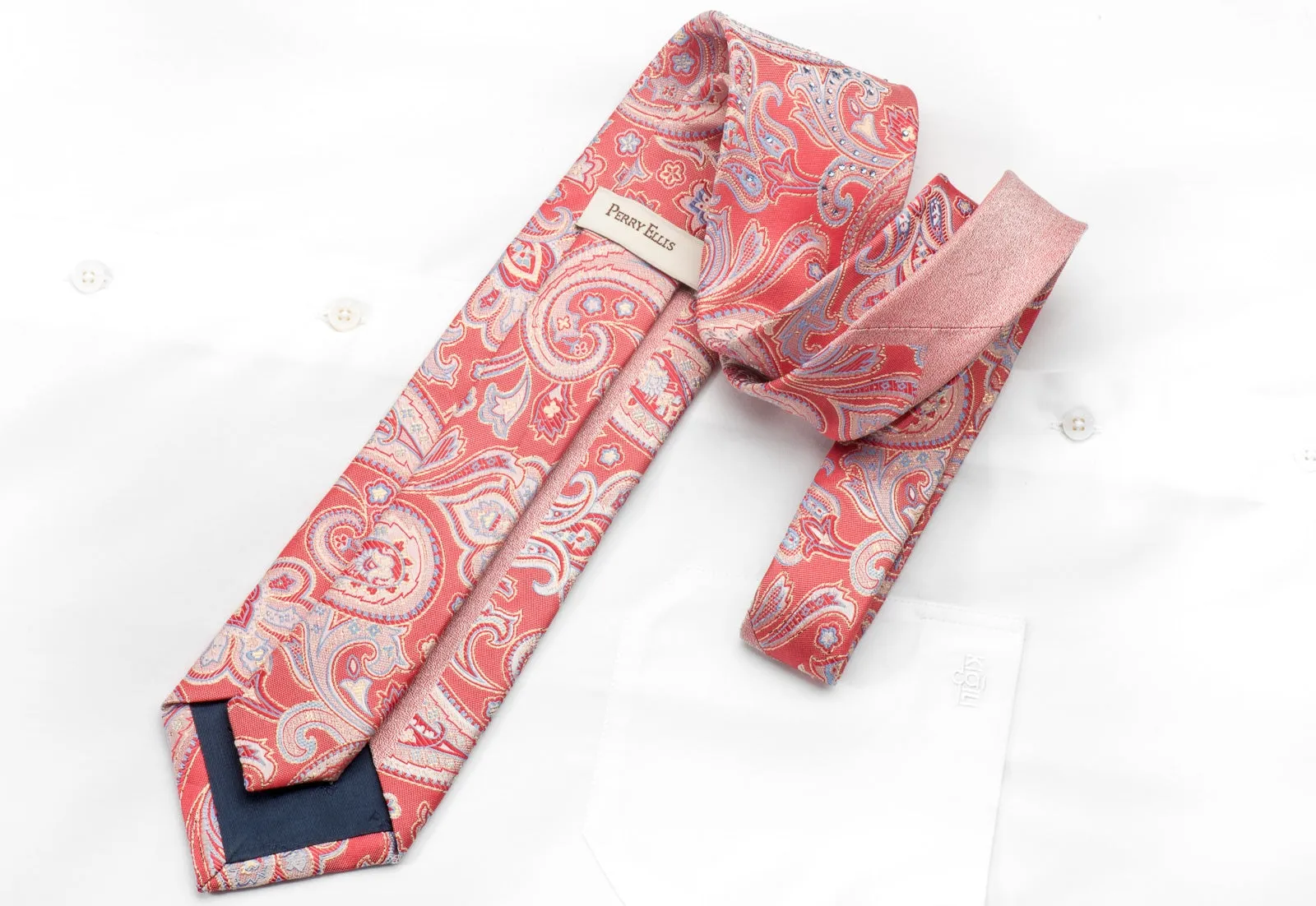 Perry Ellis Men's Silk Rhinestone Tie Paisley On Pink With Silver Sparkles
