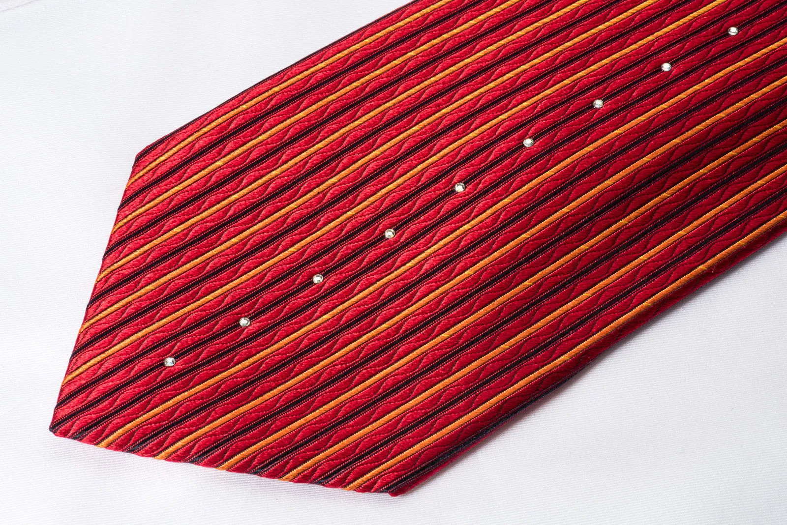 Perry Ellis Rhinestone Necktie Vertical Striped On Burgundy Woven Silk Tie