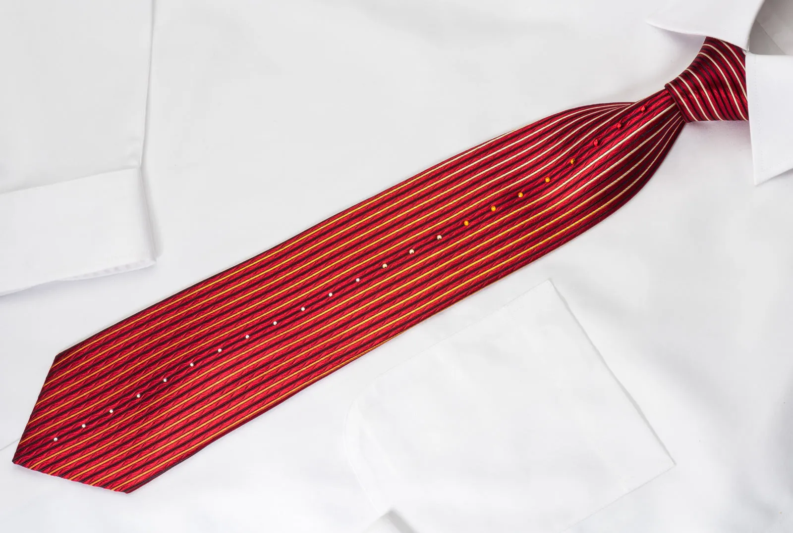 Perry Ellis Rhinestone Necktie Vertical Striped On Burgundy Woven Silk Tie