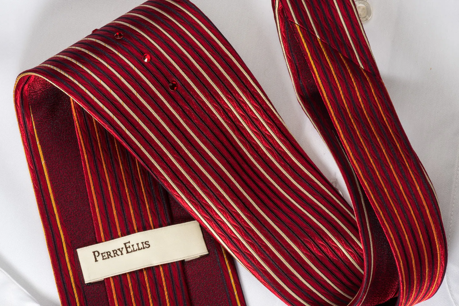 Perry Ellis Rhinestone Necktie Vertical Striped On Burgundy Woven Silk Tie