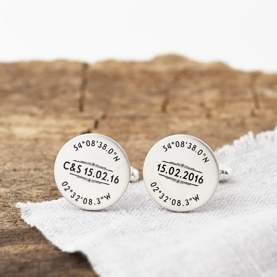 Personalised Silver Coordinate And Date Cufflinks