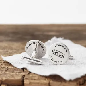 Personalised Silver Coordinate And Date Cufflinks
