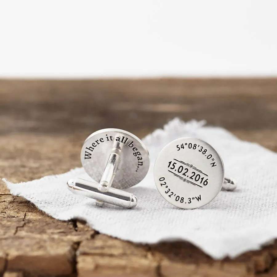 Personalised Silver Coordinate And Date Cufflinks