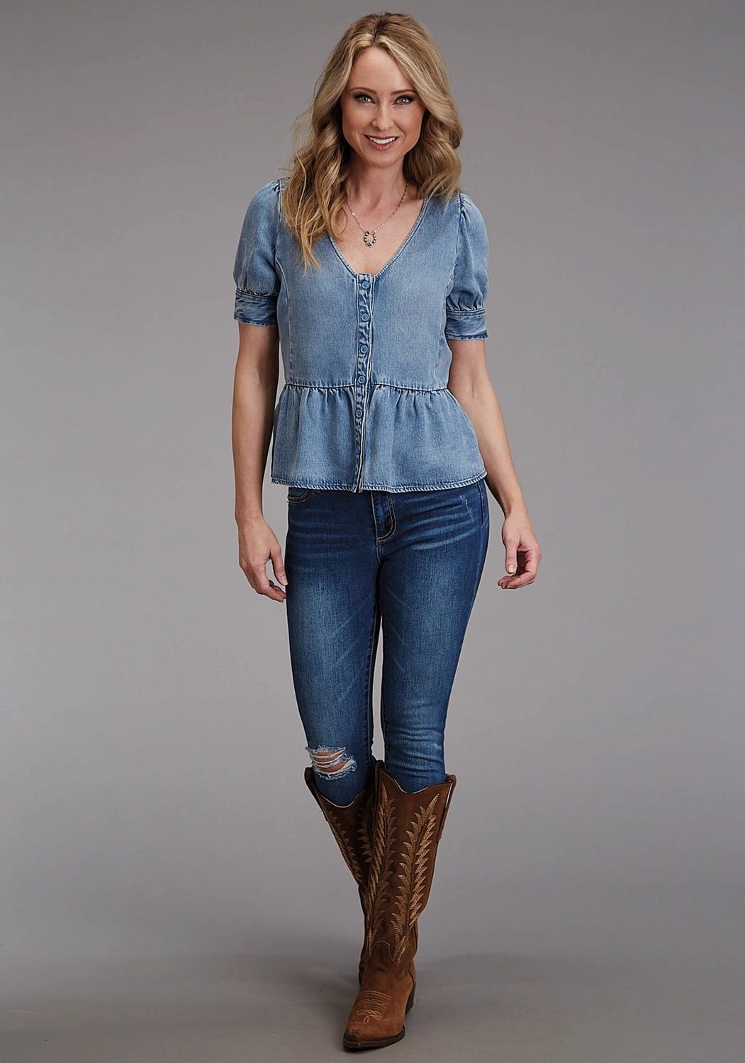 Camouflage Print Stetson Womens V-Neck Baby Doll Blue Lyocell S/S Blouse