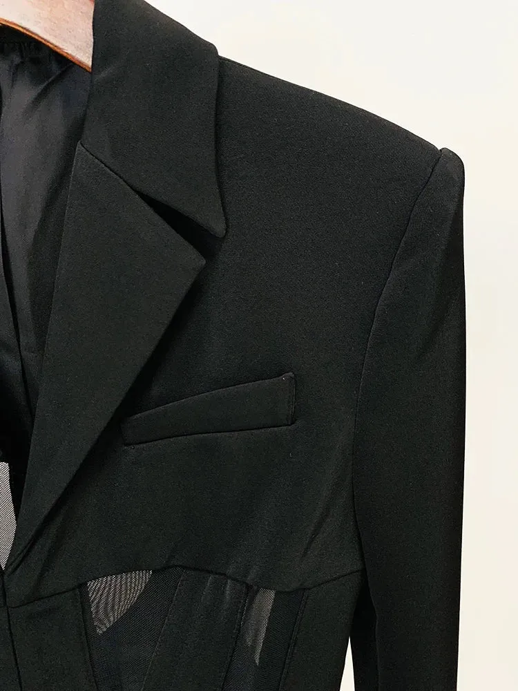 Perspective Gauze Patchwork Blazer Pencil Pant Suit