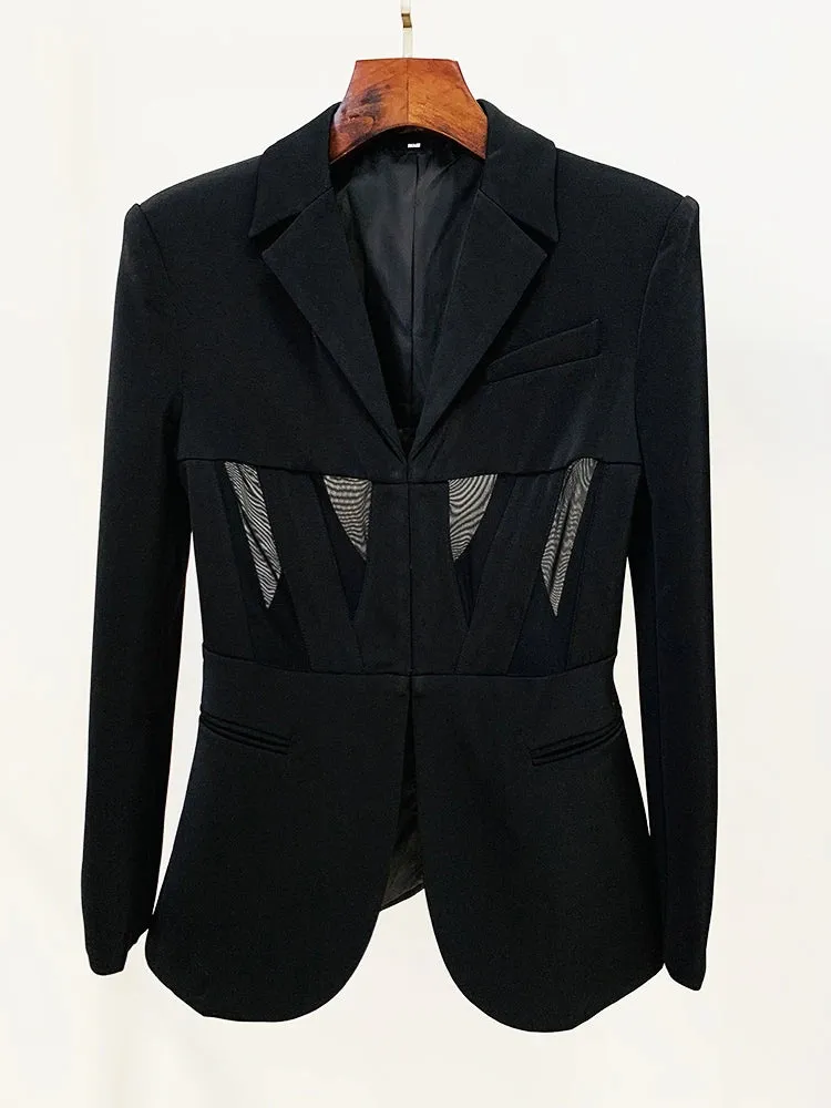 Perspective Gauze Patchwork Blazer Pencil Pant Suit