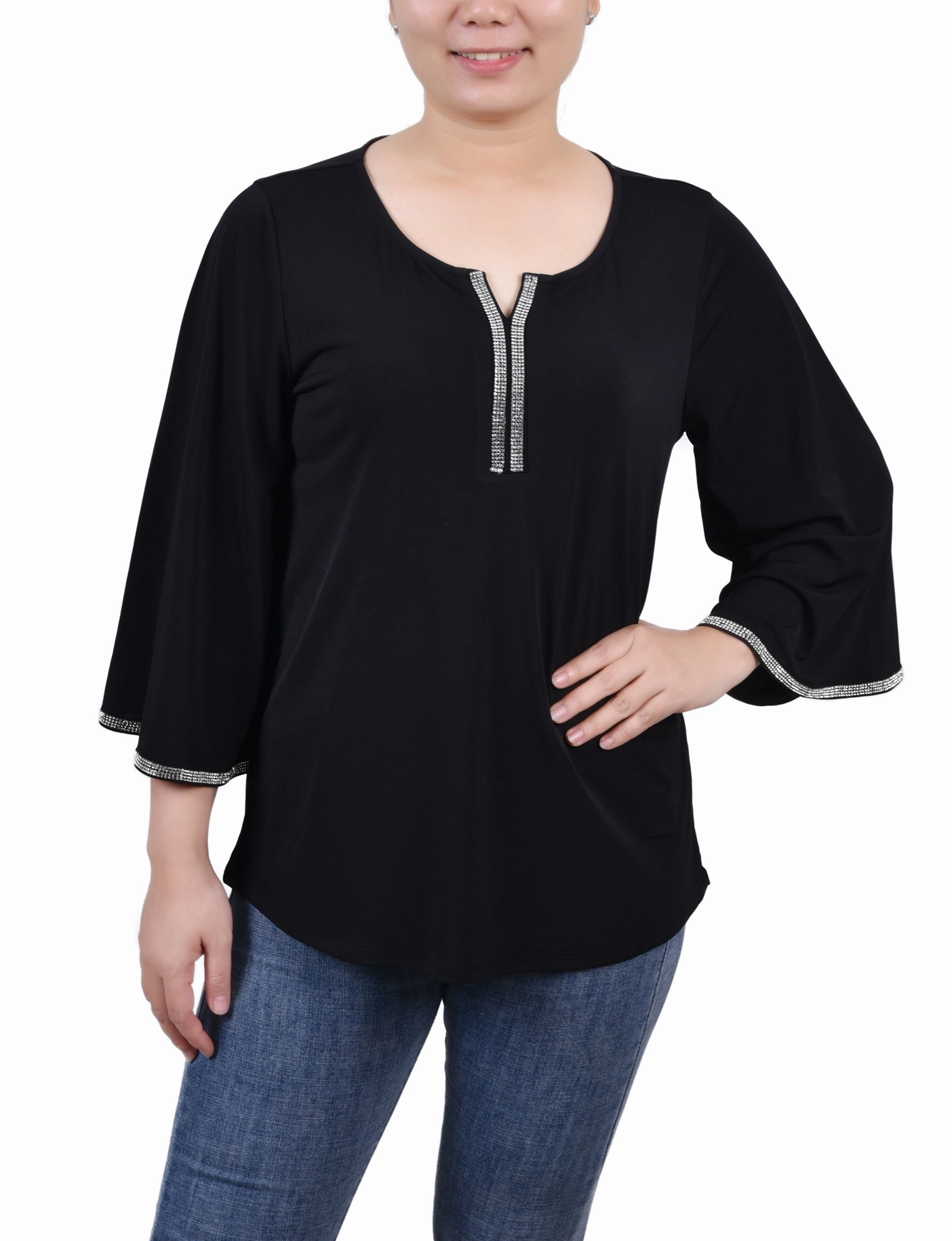 Bohemian style Reinforced Neckline Detail Petite 3/4 Bell Sleeve Top With Stones
