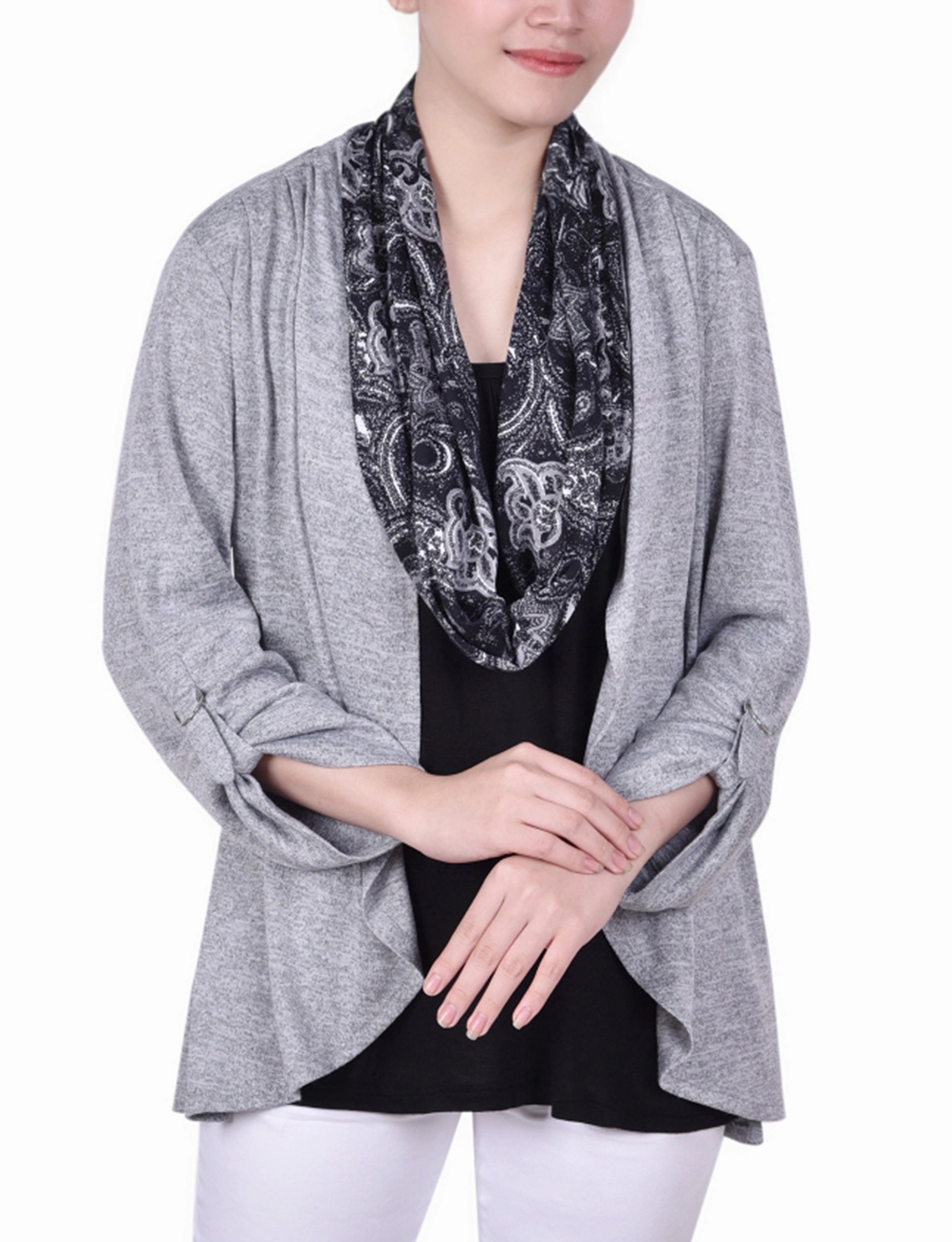 Petite 3/4 Roll Sleeve 3Fer Top With Detachable Scarf Ventilation Panel RelaxedNeckline