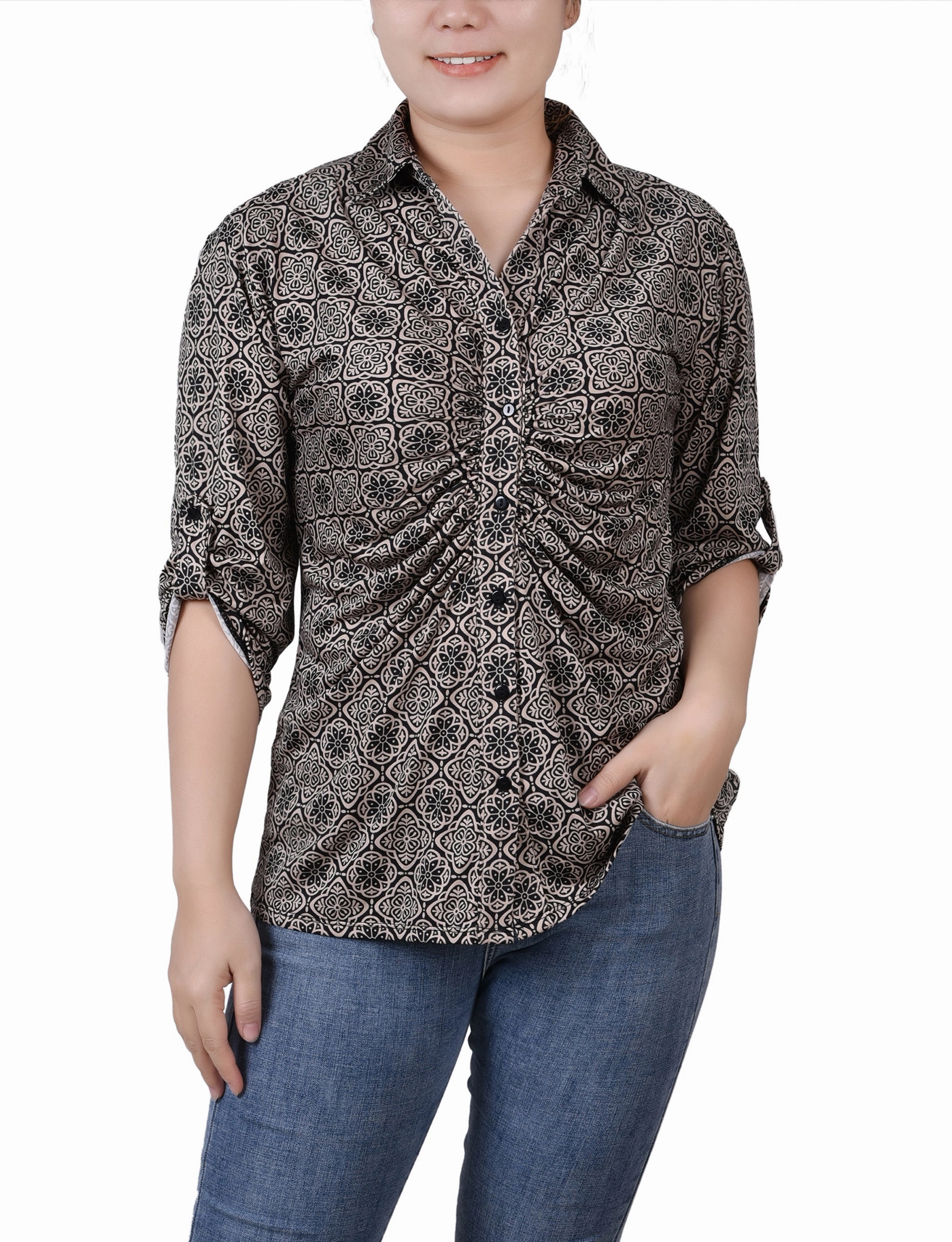 WrinkleResistant Cloth Petite 3/4 Roll Tab Rouched-Front Top