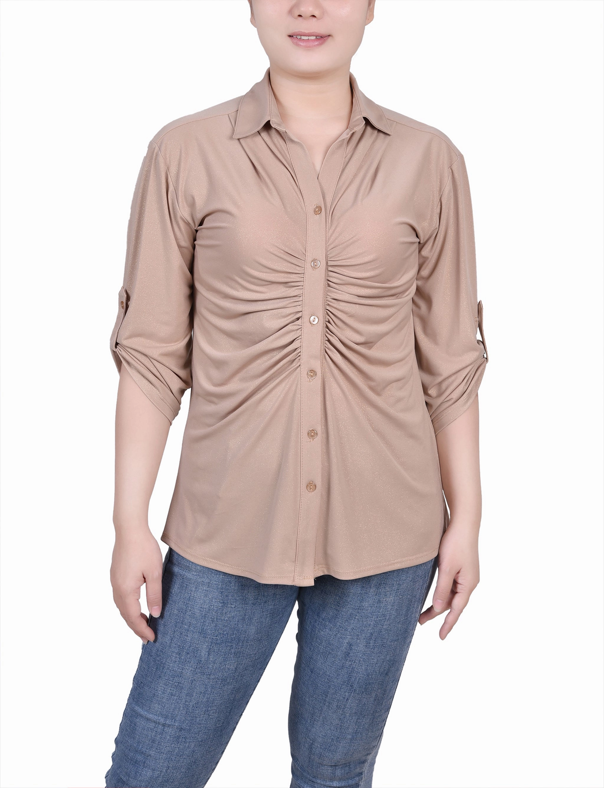 Comfortable Design Petite 3/4 Roll Tab Rouched-Front Top