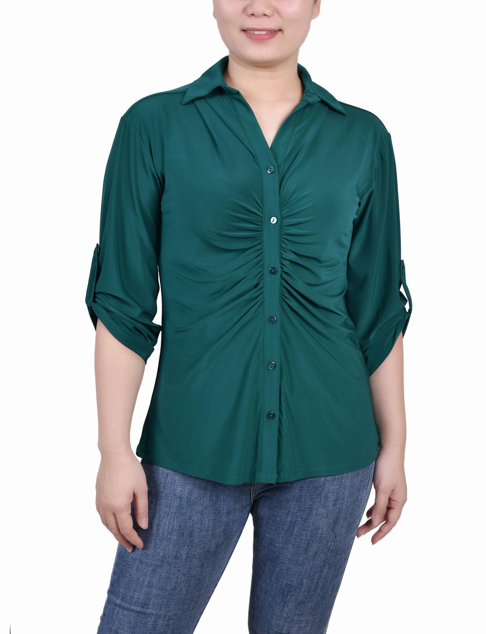 WeightedHem Petite 3/4 Roll Tab Rouched-Front Top