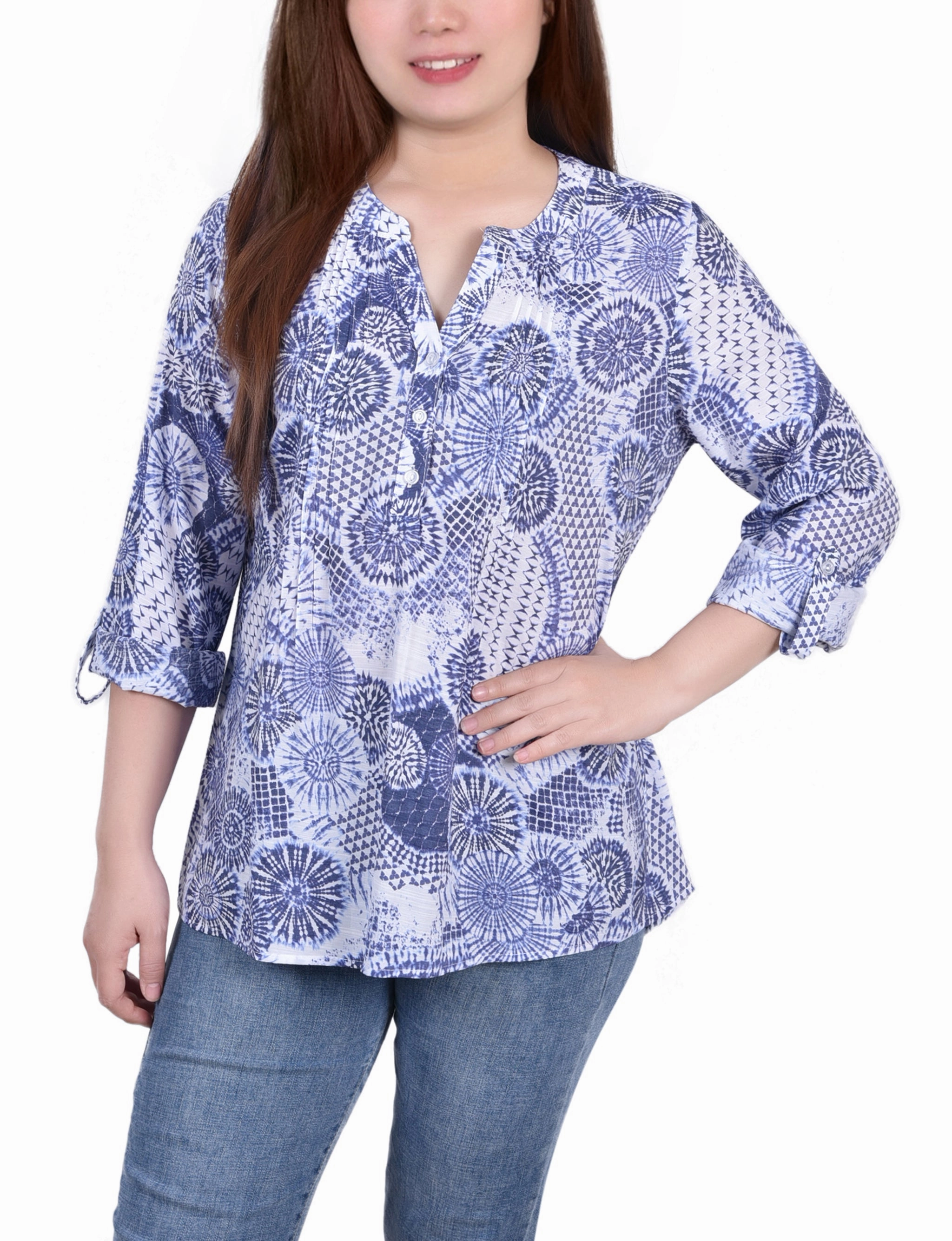 NonIrritating SoftTouchFinish Petite 3/4 Roll Tab Sleeve Blouse