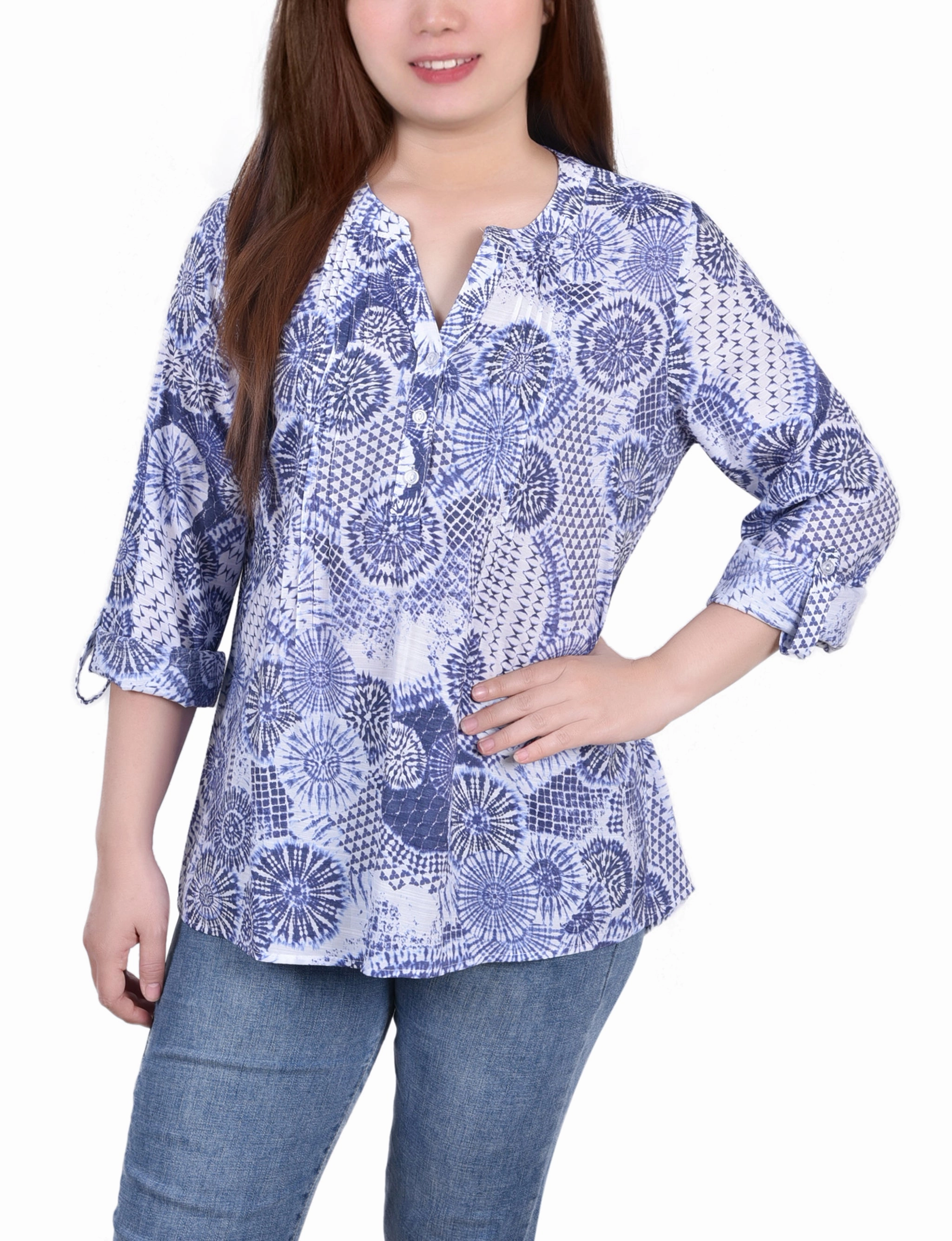 EcoFriendly Dye Petite 3/4 Roll Tab Sleeve Blouse