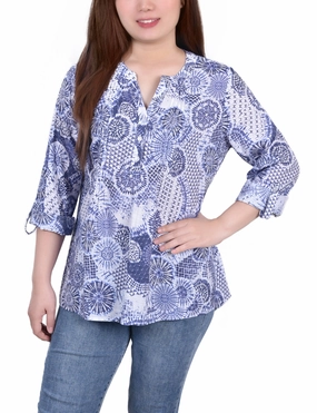 ribbed texture Foldable Cuff Design Petite 3/4 Roll Tab Sleeve Blouse