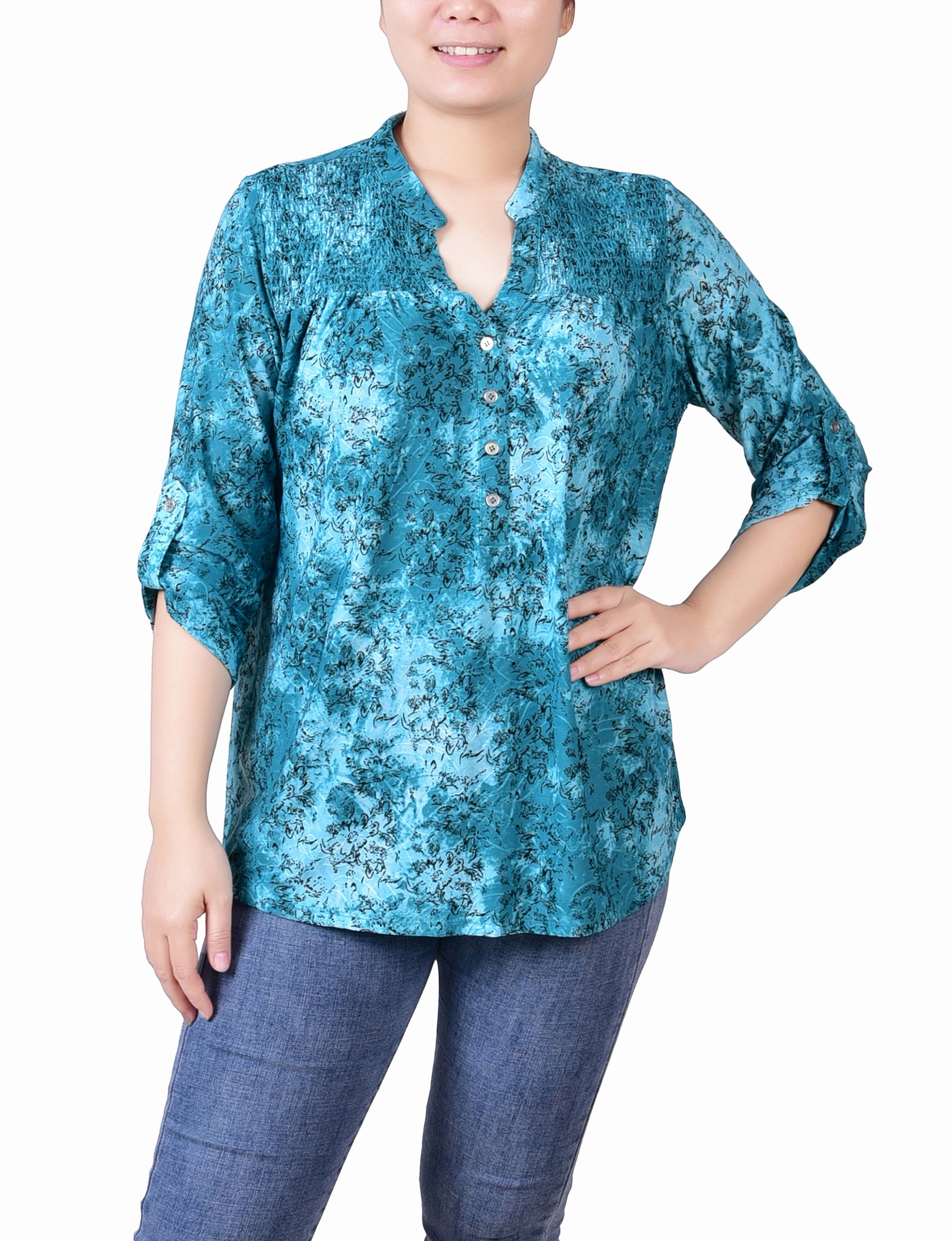 Petite 3/4 Roll Tab Sleeve Smocked-Yoke Top High Collar Protection Design