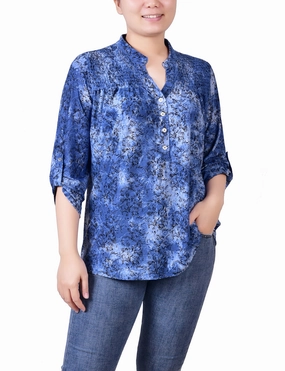 Petite 3/4 Roll Tab Sleeve Smocked-Yoke Top Curved Hem High Durability Material