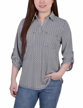 Petite 3/4 Roll Tab Sleeve Studded Y Neck Top Non Chafing Side Seams MeshPanel