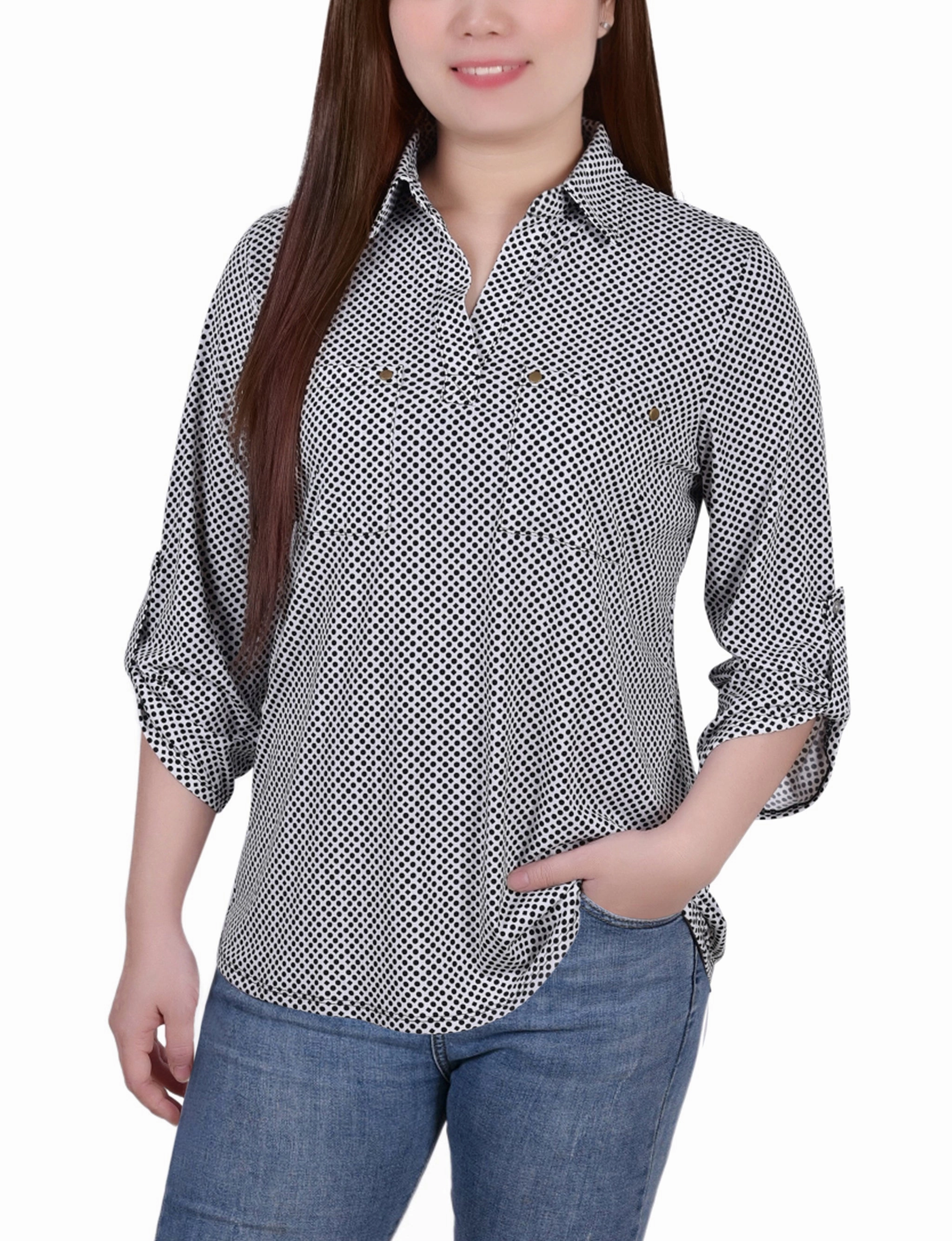 Drop Shoulder Petite 3/4 Roll Tab Sleeve Studded Y Neck Top