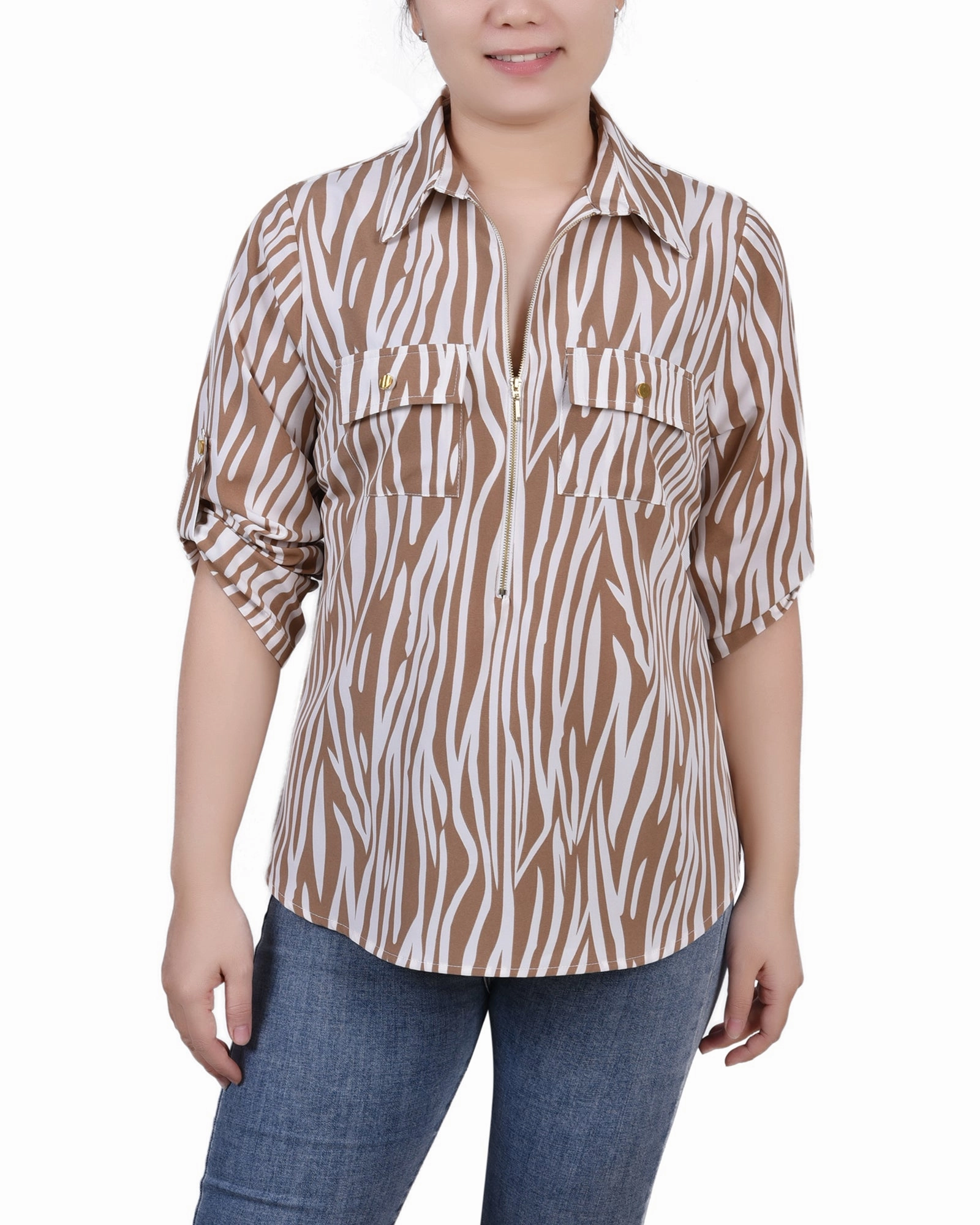 Petite 3/4 Roll Tab Sleeve Zip Front Top RawHemDetail Curved Hemline