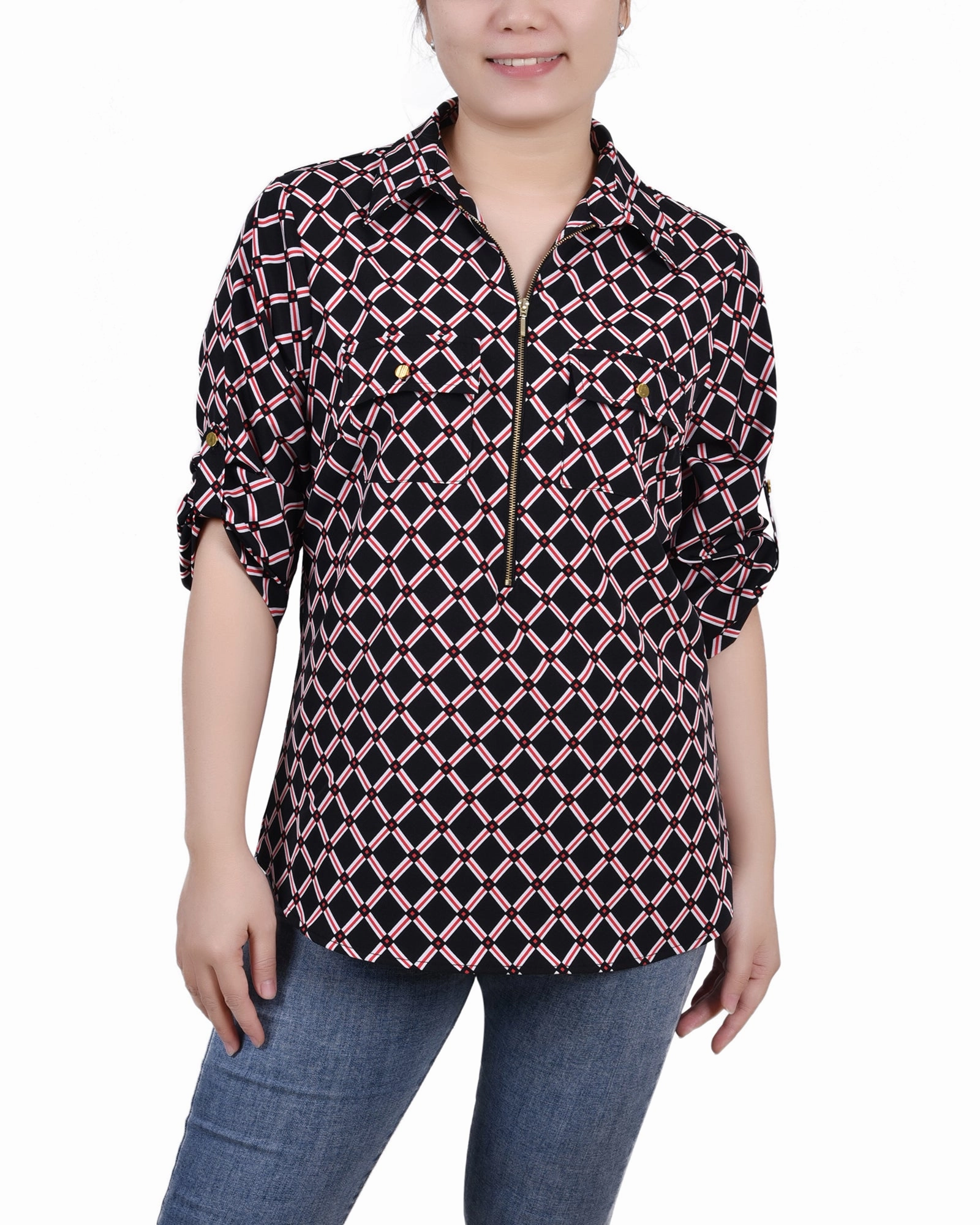 Eco Conscious Dye Process Four Way Stretch Material Petite 3/4 Roll Tab Sleeve Zip Front Top