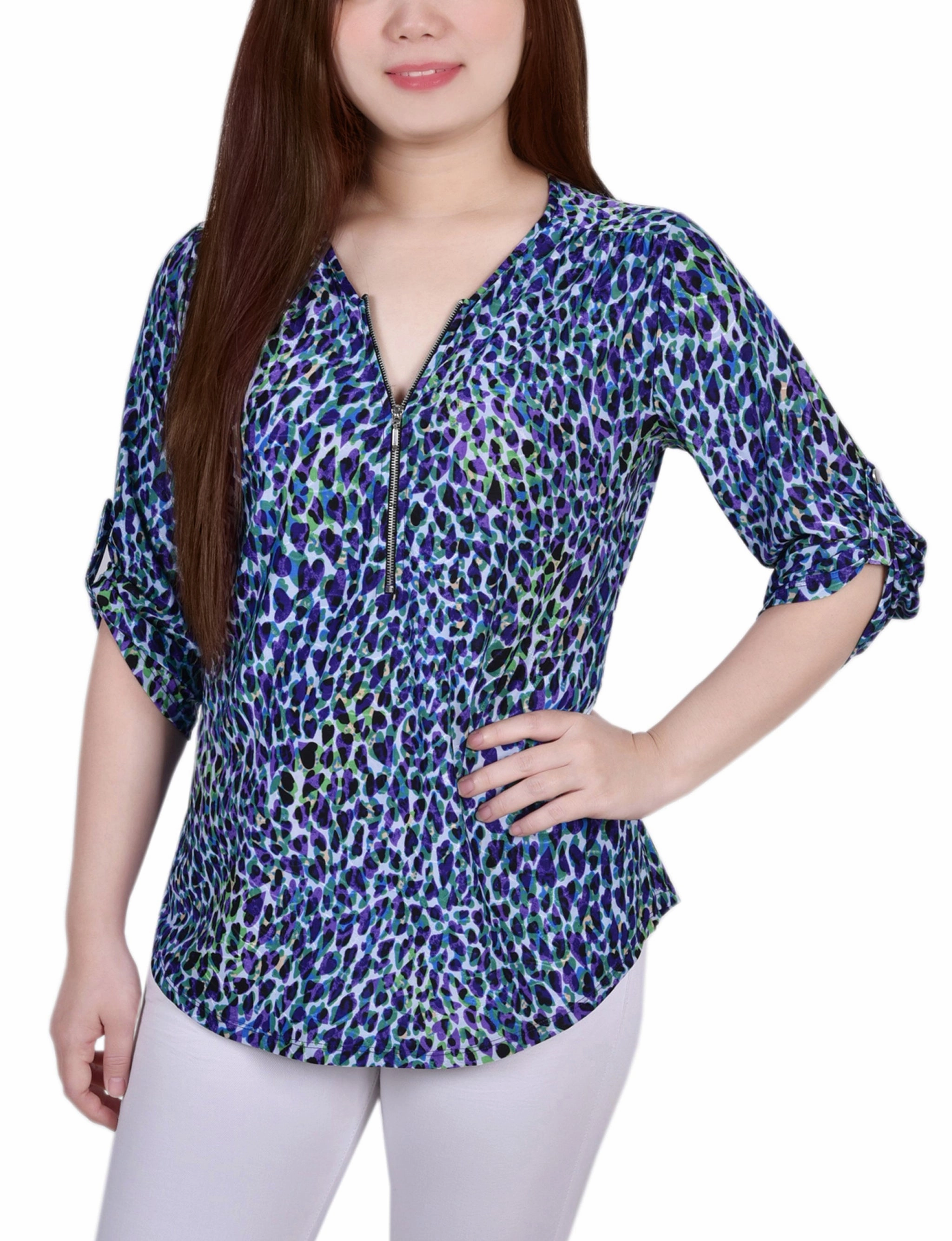 Petite 3/4 Roll Tab Zip Front Jacquard Knit Top FourWayStretchFabric Compression Gradient