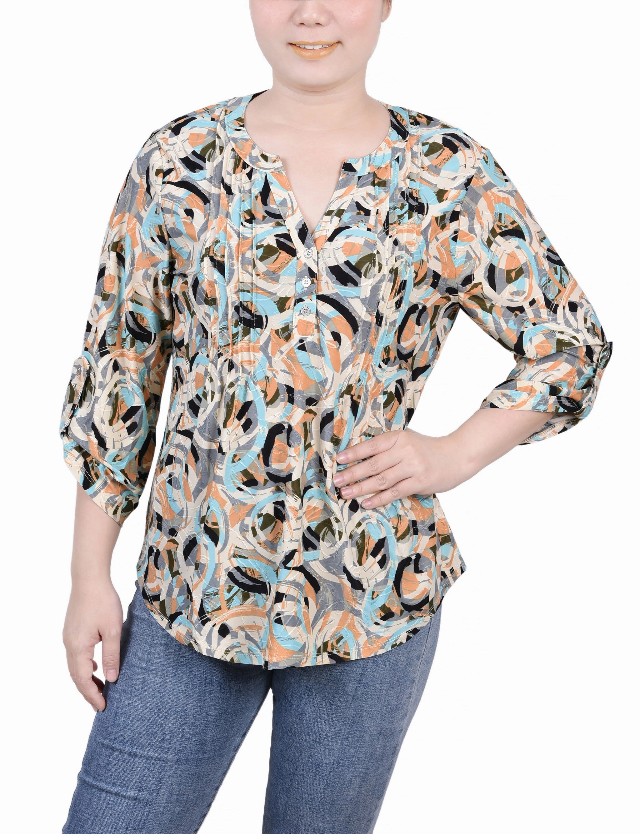 Casual Tee Petite 3/4 Roll Tap Pullover Top