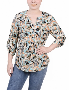 Petite 3/4 Roll Tap Pullover Top Grid Texture Fabric