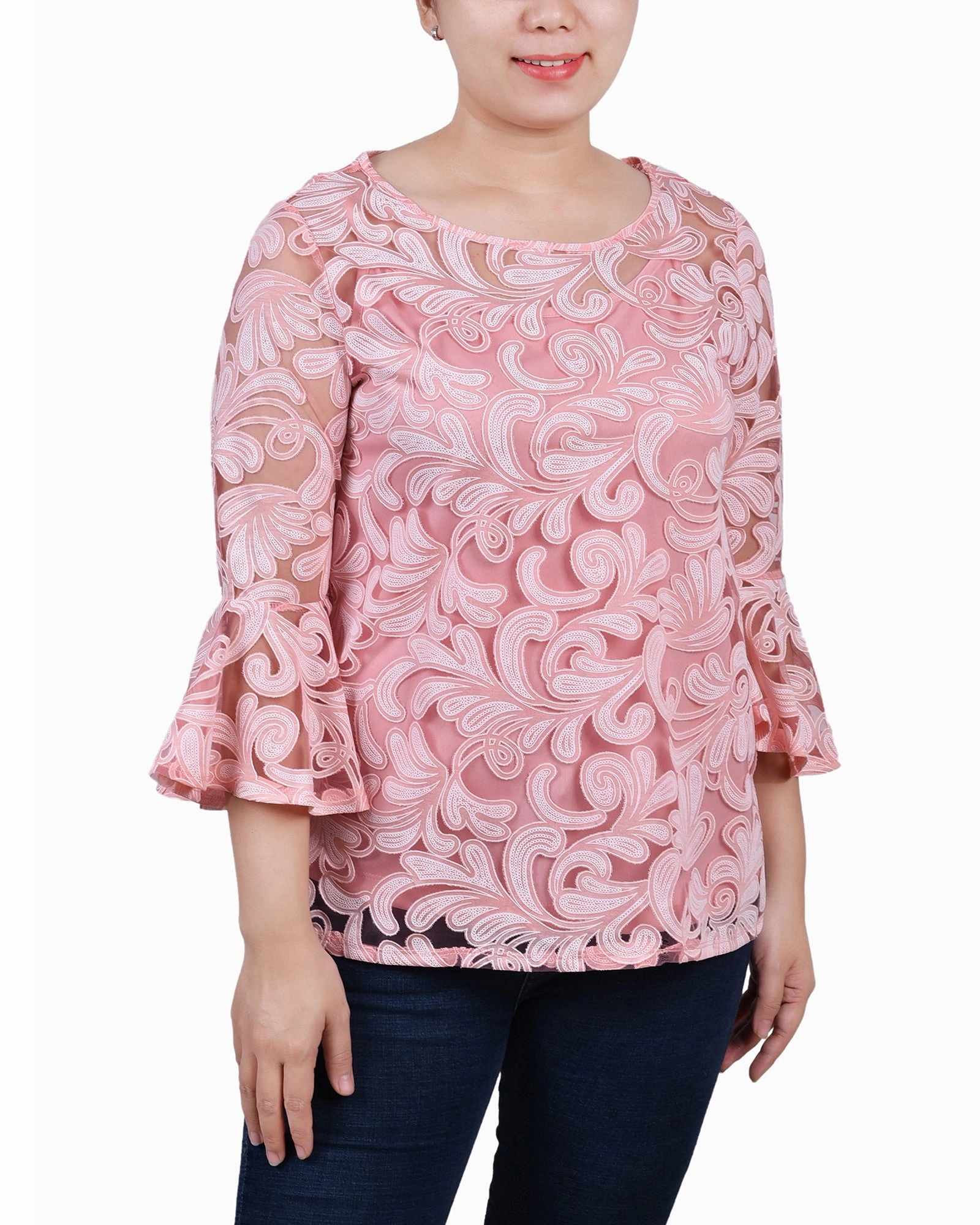 Petite 3/4 Sleeve Burnout Blouse With Matching Camisole FlexibleCollarStructure