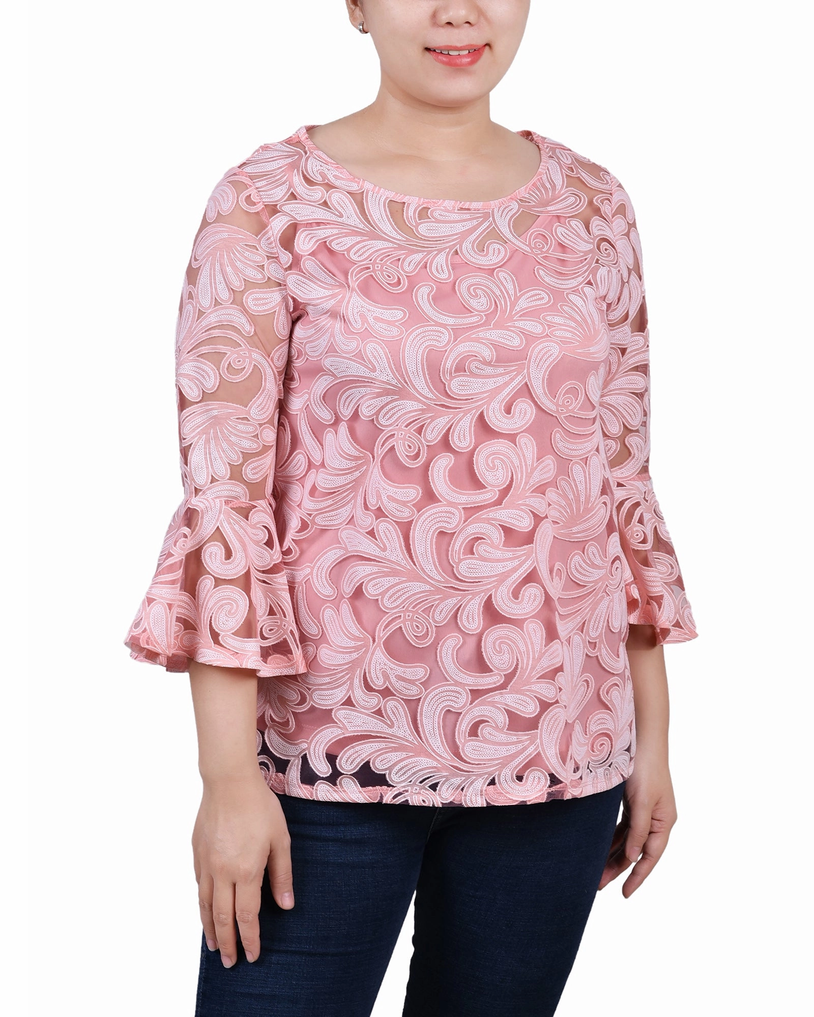 Placket Detailing MoistureWicking Fabric Petite 3/4 Sleeve Burnout Blouse With Matching Camisole