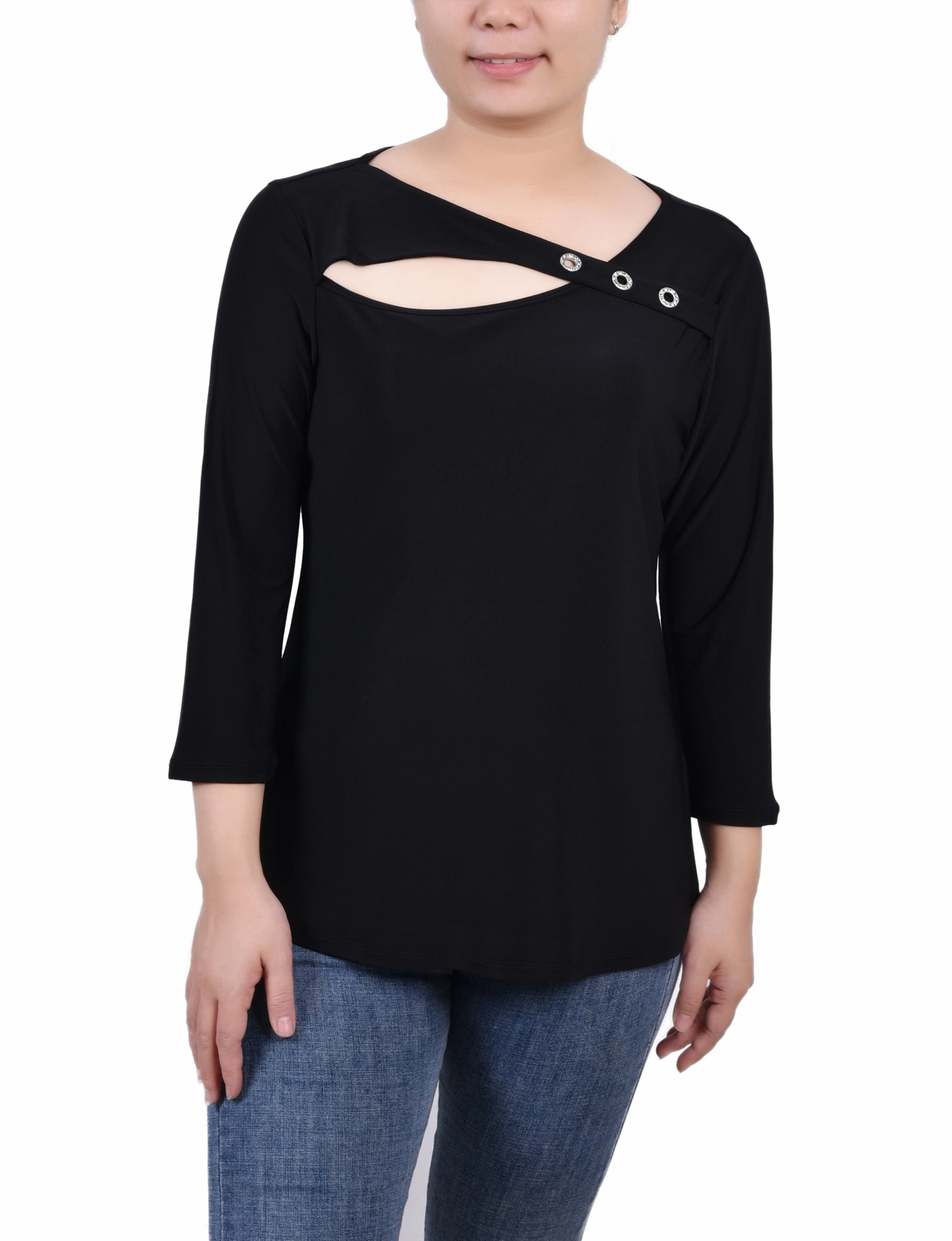HighNeckCut FlexibleRibbing Petite 3/4 Sleeve Cutout Top